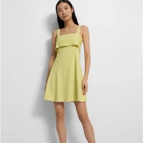 Theory Dress Womens 4 Small Good Linen Drape Back Mini Lime Yellow Sleeveless - Picture 1 of 10